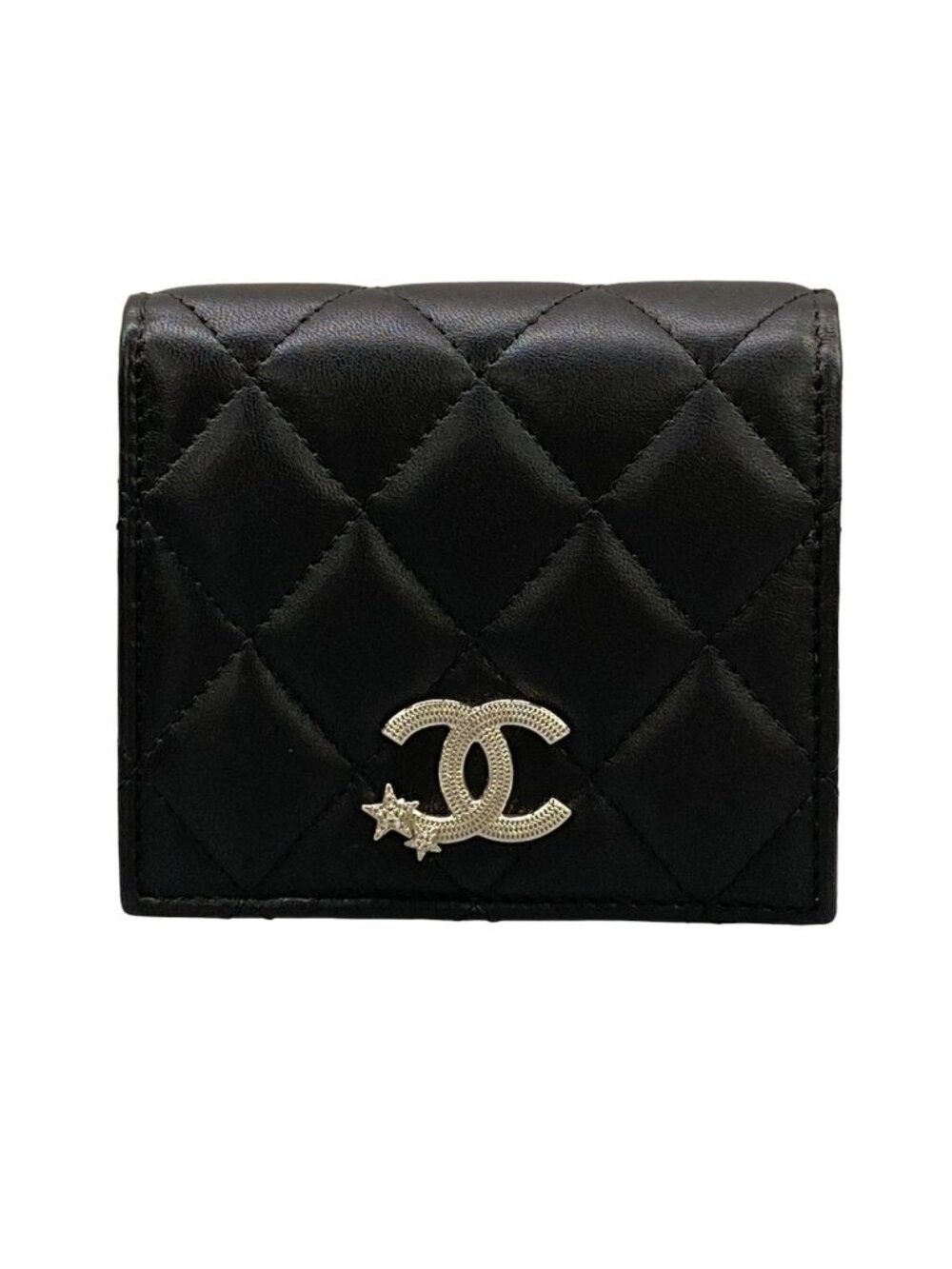 Chanel Bifold Wallet Quilted AP Black Silver Star Rhinestone Lambskin
